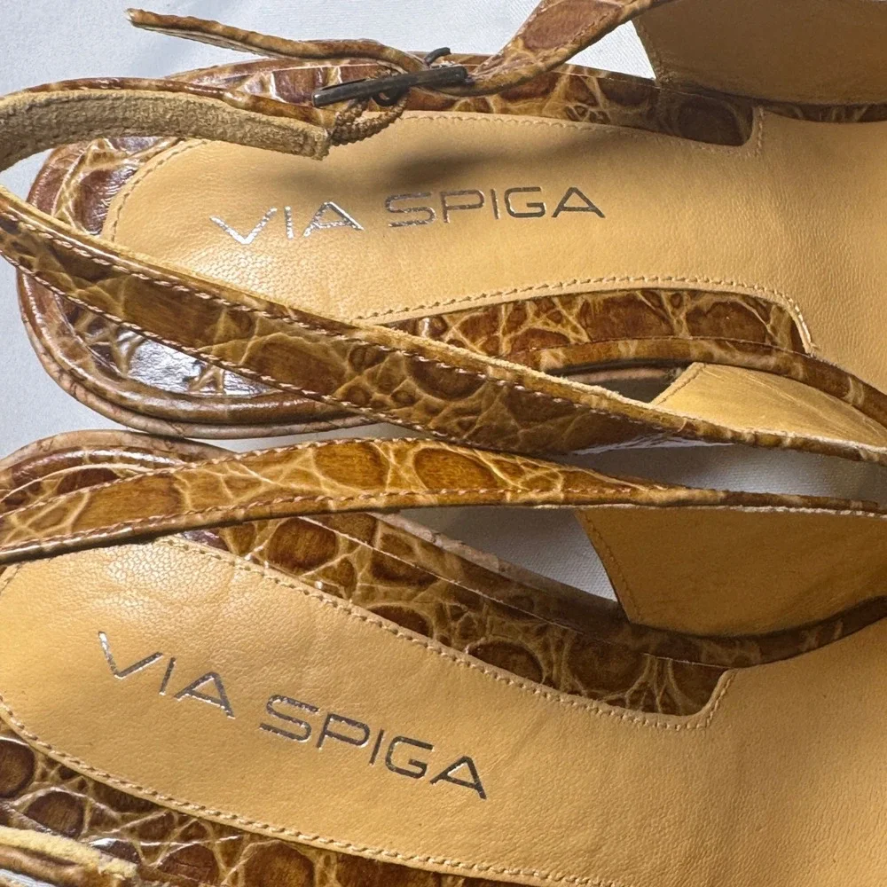 Via Spiga Brown Croc Embossed Leather Cork‎ Wedge Slingback Peep Toe Heels 9M
